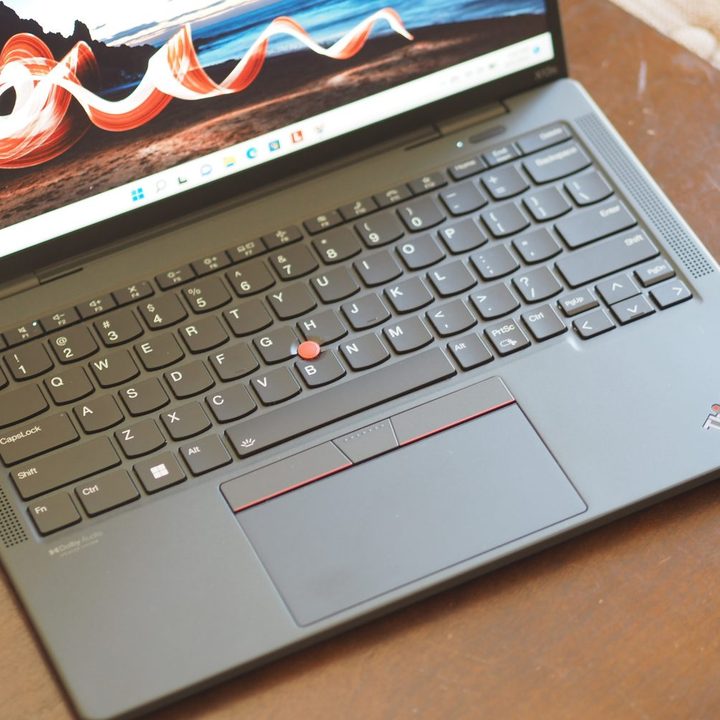 Lenoov ThinkPad X13s top down view showing keyboard and touchpad.