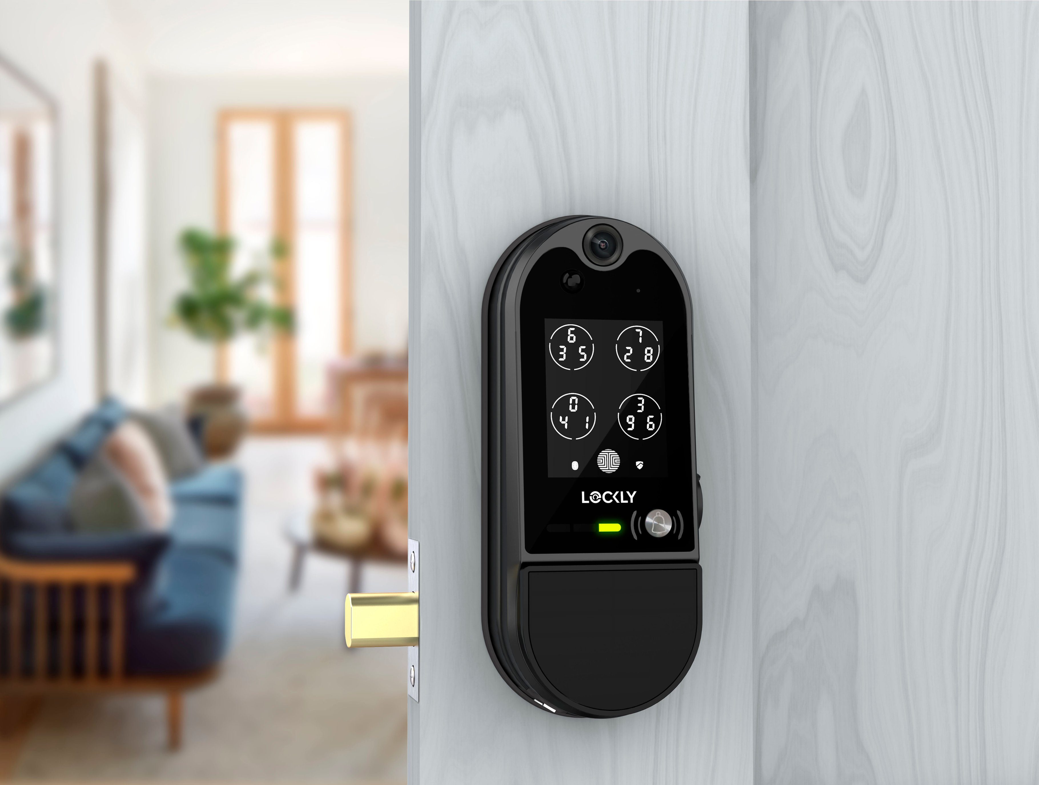 Lockly Vision Elite smart lock installed on white door with deadbolt extended.