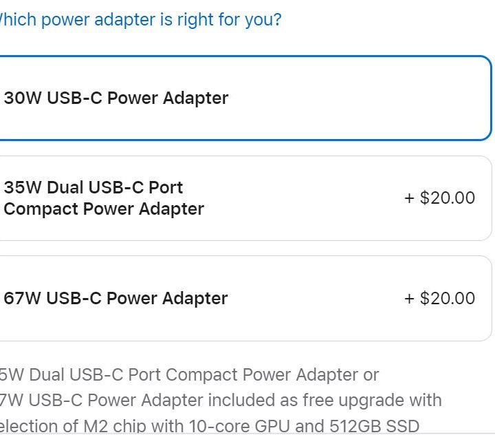 Customers can choose thier M2 MacBook Air charger options at sale.