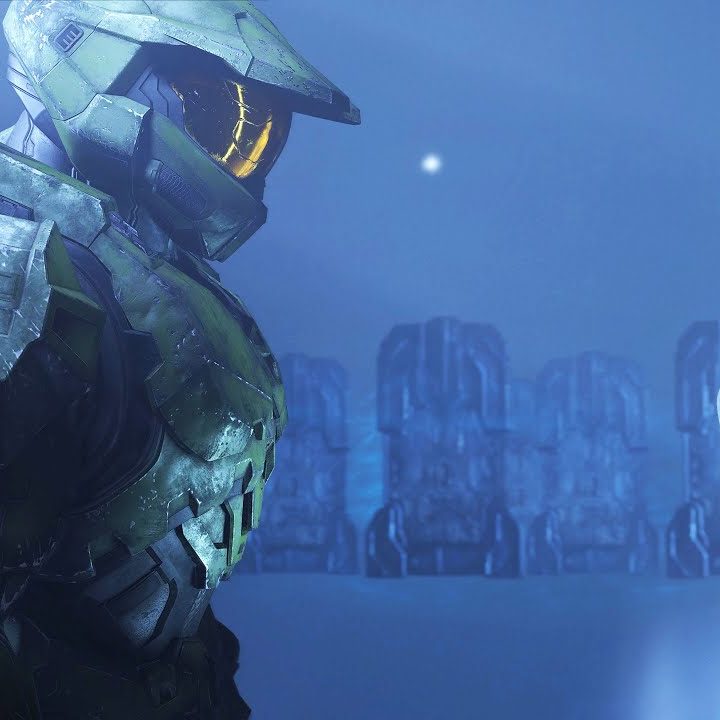 Master Chief meeting the Weapon in Halo Infinite.