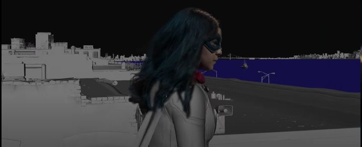 Visual effects art from Ms. Marvel featuring a digital version of the character blended with actress Iman Vellani.