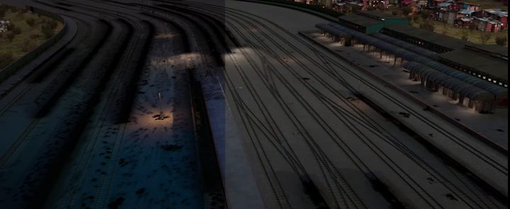 Before and after visual ffects shot of a train station from Ms. Marvel.