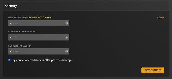 Plex change password screen.