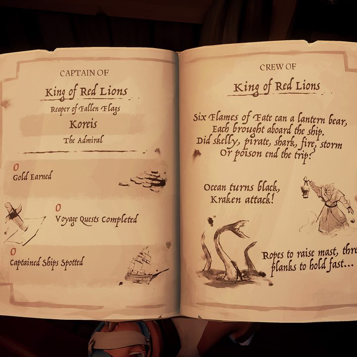 A logbook is held open, the contents identifying Koreis as captain of the ship in Sea of Thieves.