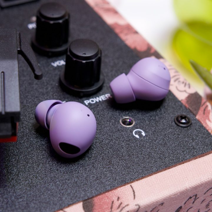 Samsung Galaxy Buds 2 Pro on a record player.