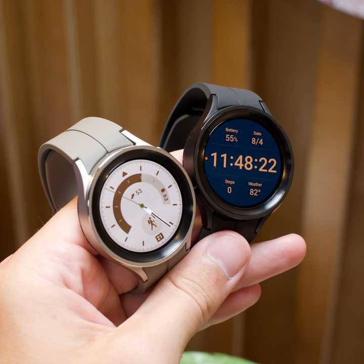 Samsung Galaxy Watch 5 Pro held in a hand.