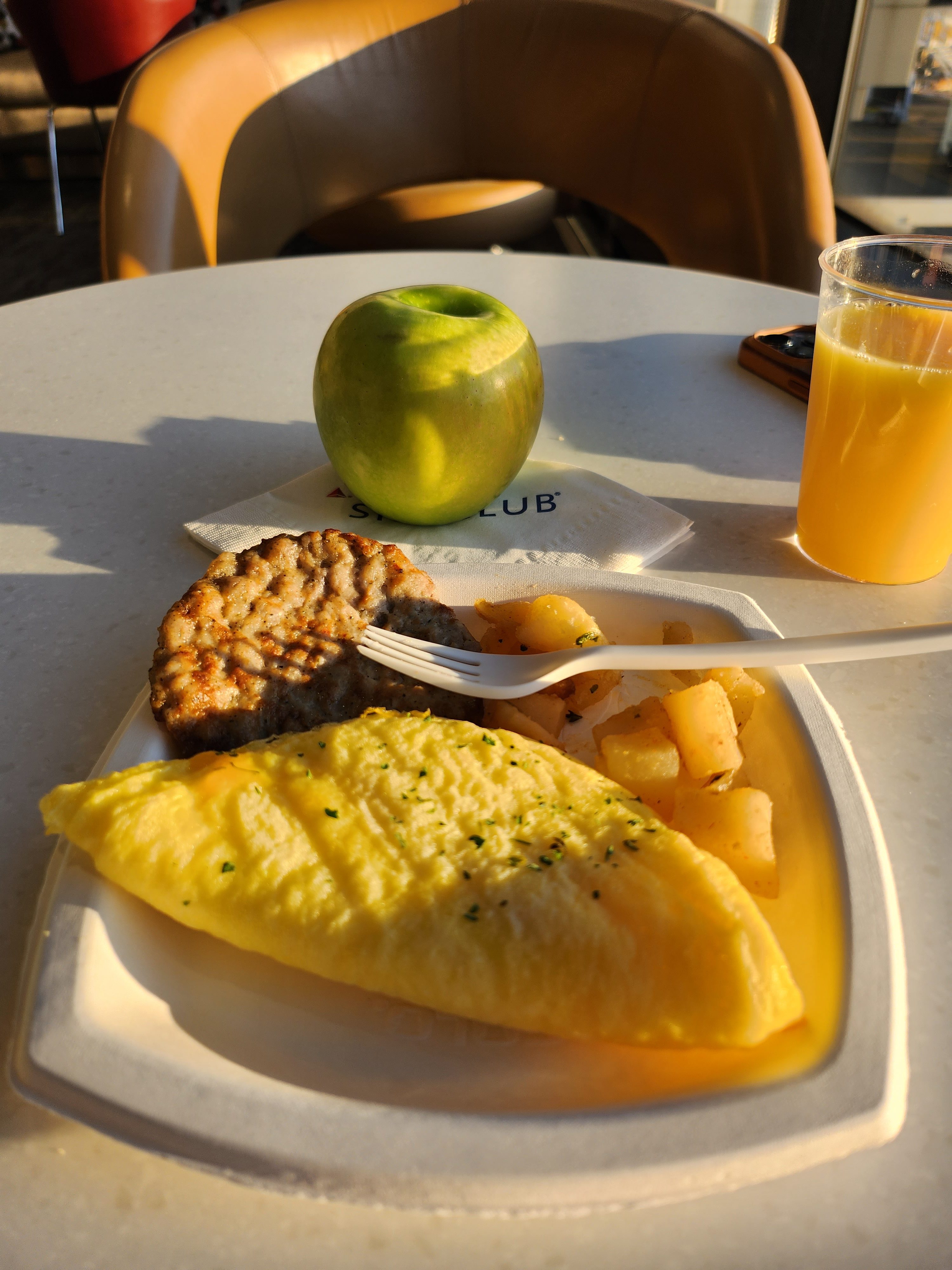 Photo of an omelette and sausage patties on a paper plate.