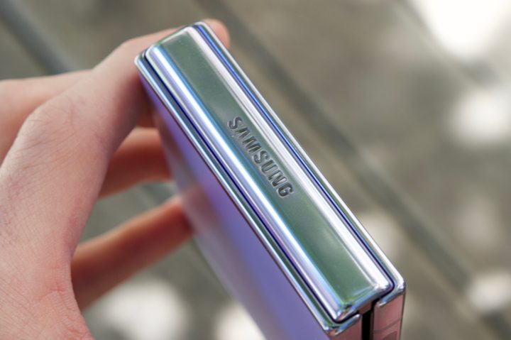 The Samsung logo on the Galaxy Z Flip 4.