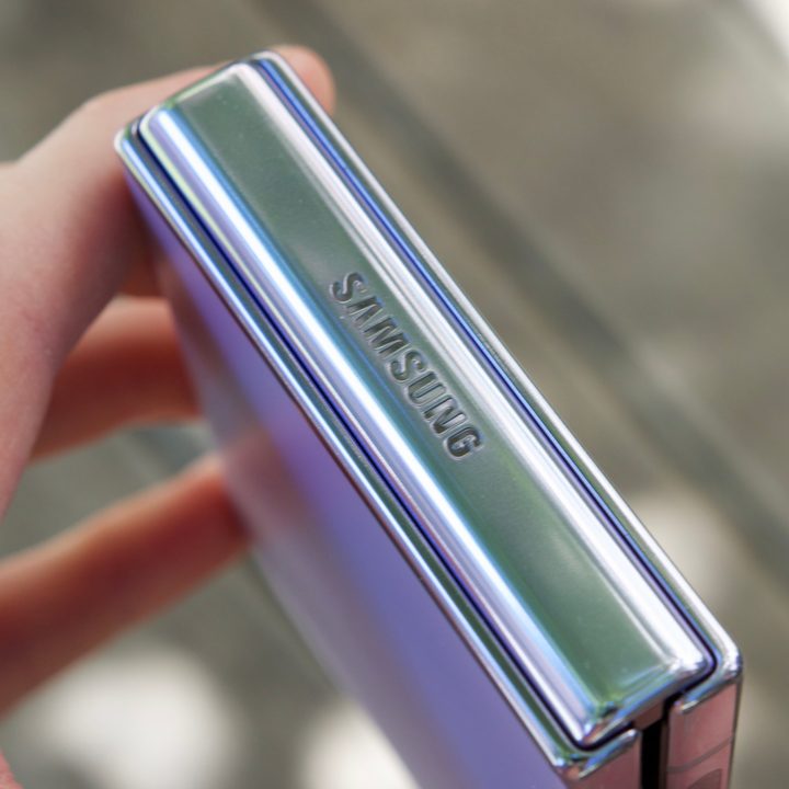 The Samsung logo on the Galaxy Z Flip 4.