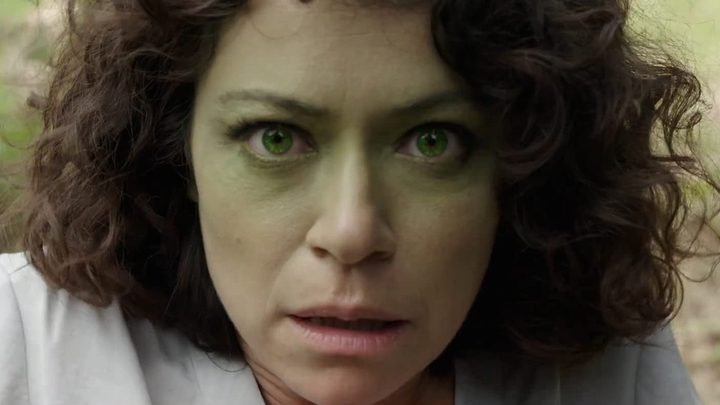 A close-up of Tatiana Maslany transforming in She-Hulk: Attorney at Law on Disney+.