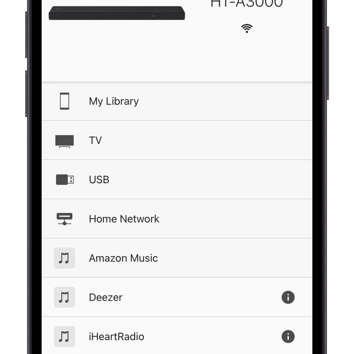 Sony Music Center app audio sources screen.