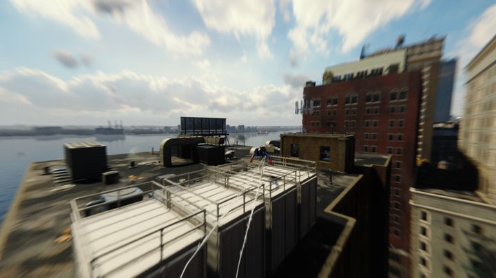 Spider-Man flying through the city.