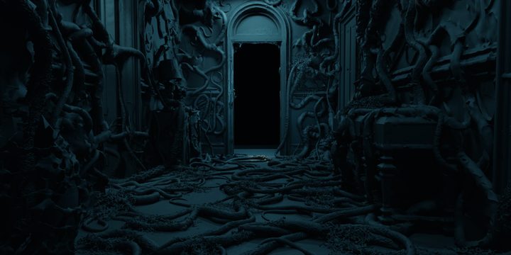 A VFX shot of the interior of a creepy house from Stranger Things season 4.