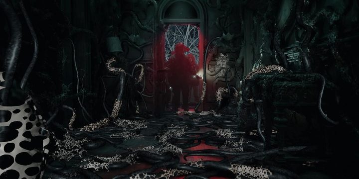 A VFX shot of the interior of a creepy house from Stranger Things season 4.