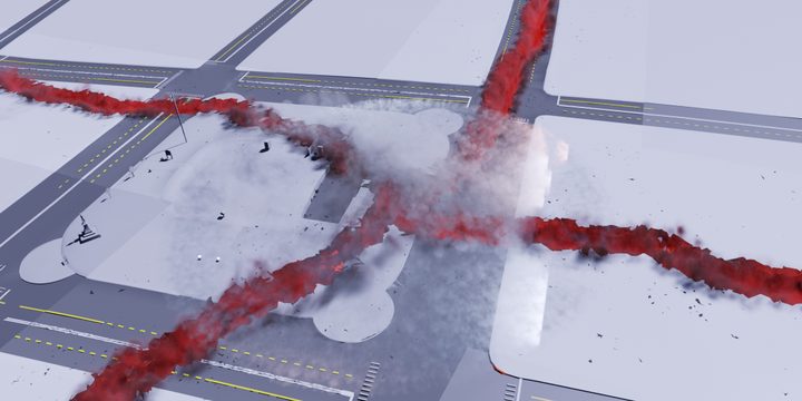 Visual effects art depicting four rifts coming together in the center of the city in Stranger Things.