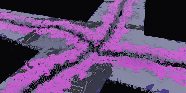 Visual effects art depicting four rifts coming together in the center of the city in Stranger Things.