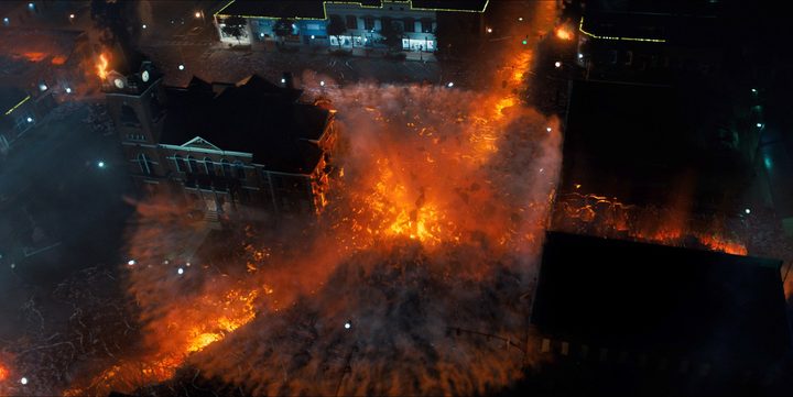 Visual effects art depicting four rifts coming together in the center of the city in Stranger Things.