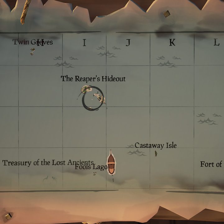 The map table of a ship is centered on an island called The Reaper's Hideout in Sea of Thieves.