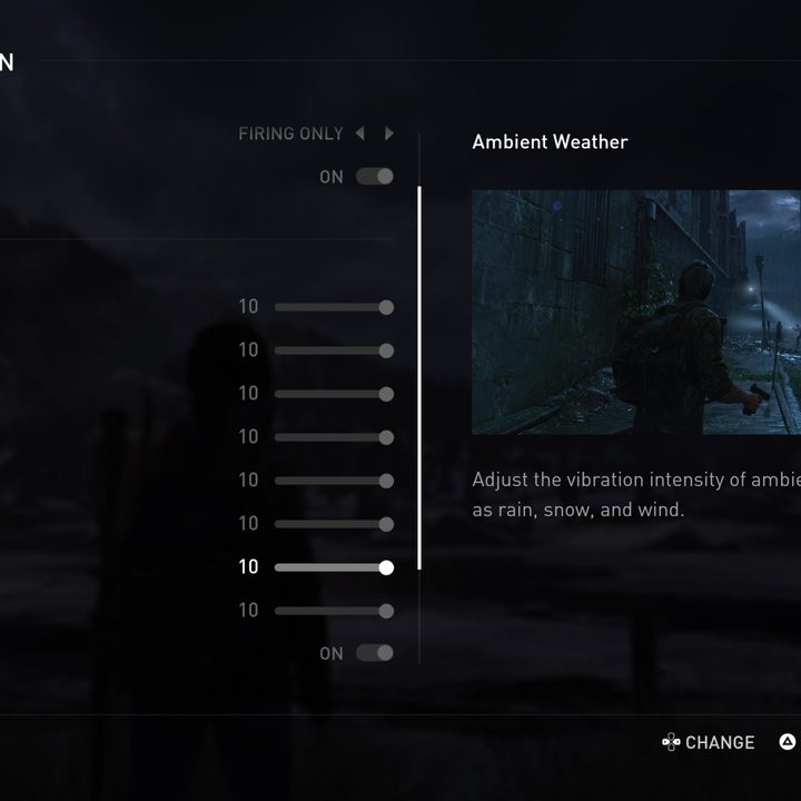 An accessibility menu in The Last of Us Part I shows vibration options.
