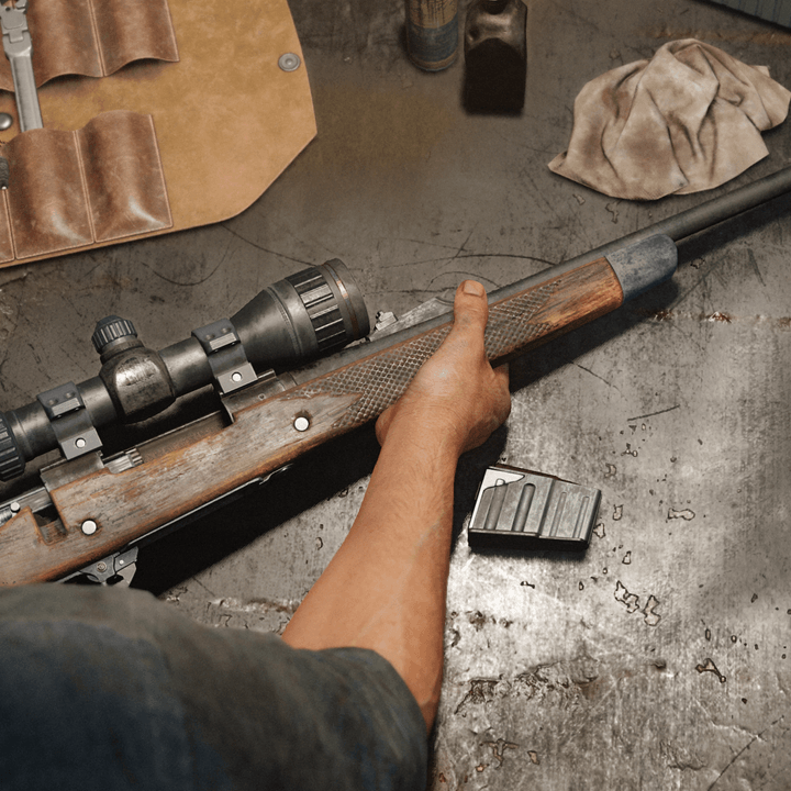 Joel places a rifle on a table in The Last of Us Part I.