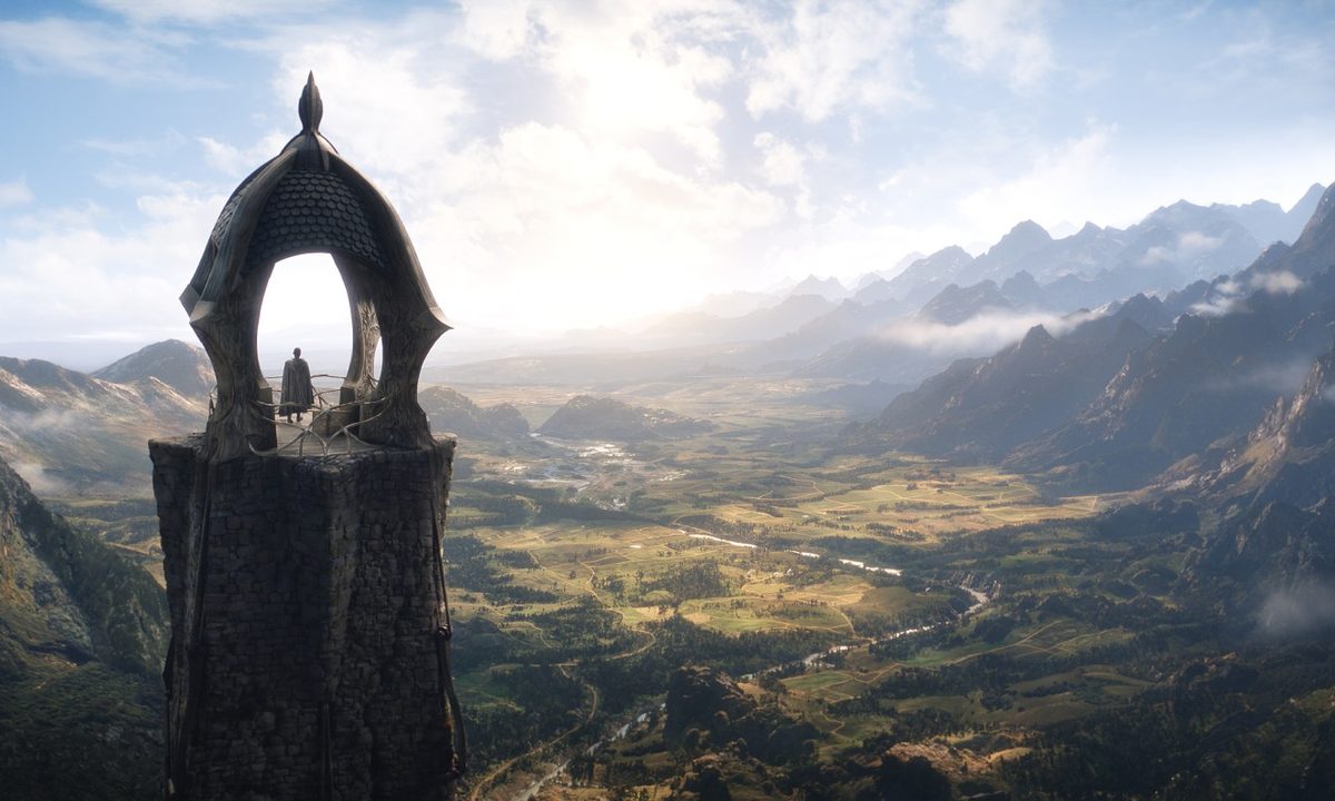 An elven tower stands over Middle-earth in a scene from The Lord of the Rings: The Rings of Power.