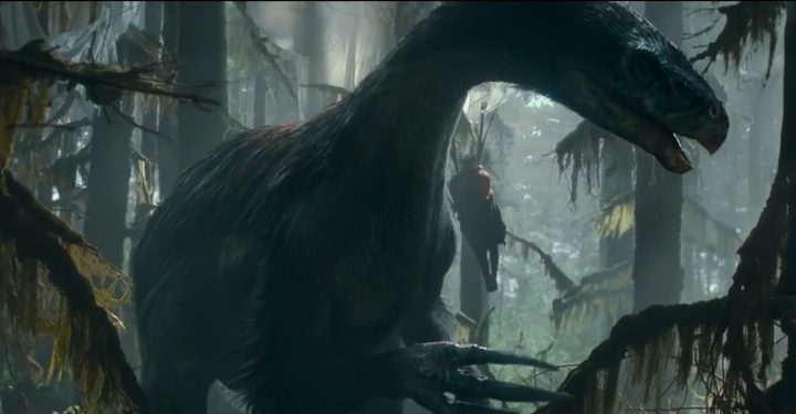 A therizinosaurs hunts in the forest in a scene from Jurassic World Dominion.