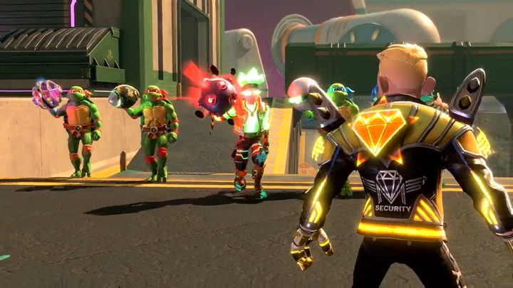 The TMNT and knockout city character approaching another knockout city character with glowing dodgeballs.