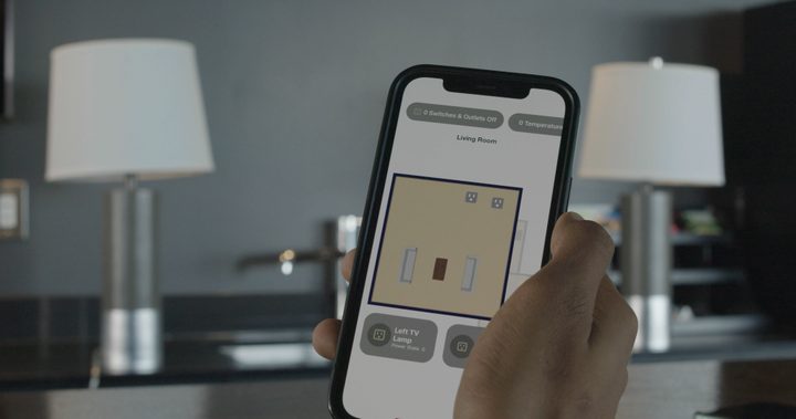 Fluid One app showing the AR room map and devices.