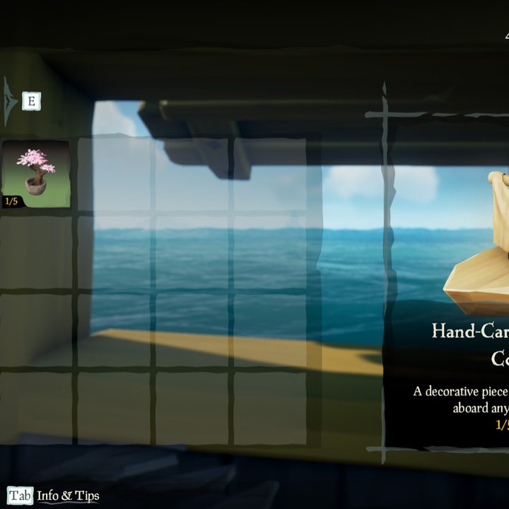 A small toy boat and bonzai tree are listed as options to place on a windowsill aboard a boat in Sea of Thieves