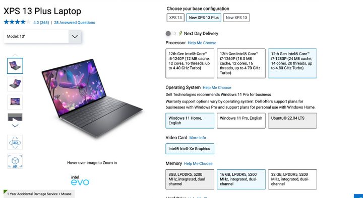 A screenshot of the XPS 13 Plus configuration options.
