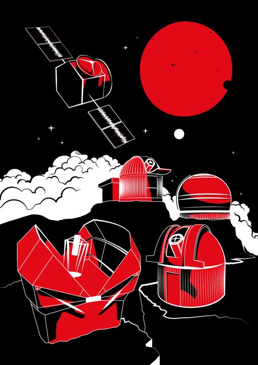 Artist’s view showing the red star and its two planets, together with some of the telescopes used for the discovery.