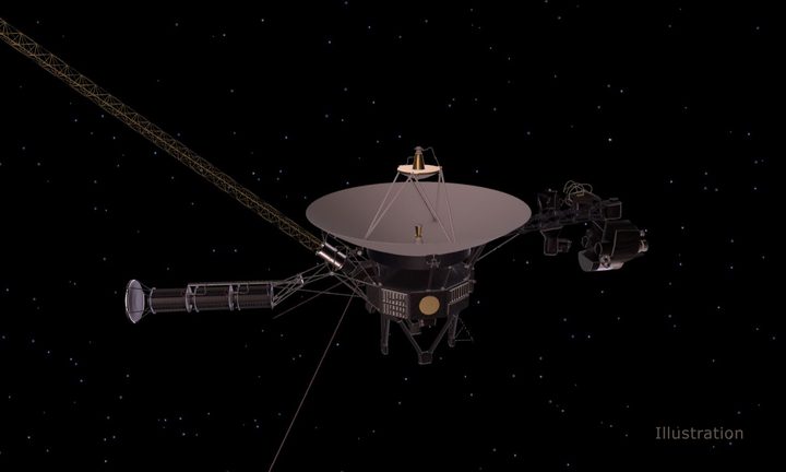 Voyager’s high-gain antenna, seen at the center of this illustration of the NASA spacecraft, is one component controlled by the attitude articulation and control system (AACS).