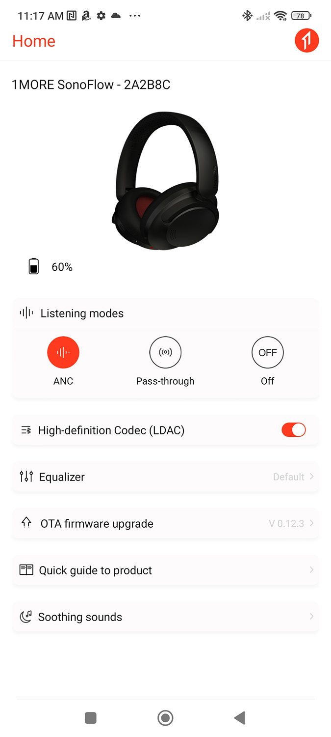 Screenshot of the 1More app for SonoFlow.