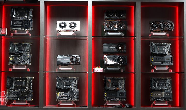 Kingpin products on a shelf, including EVGA graphics cards and motherboards.