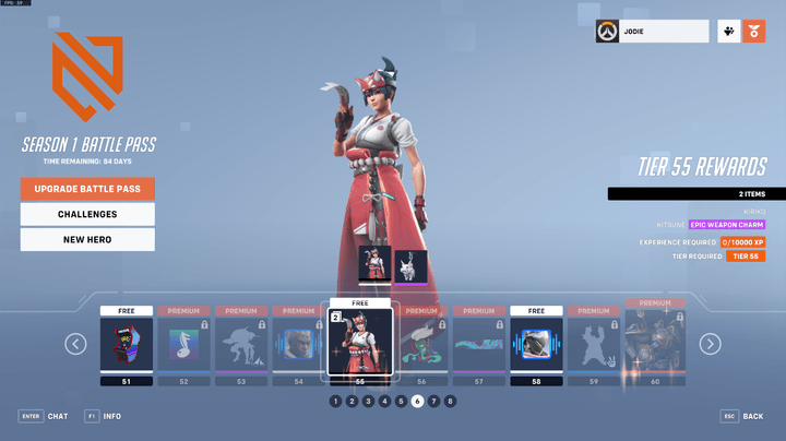 Overwatch 2's battle pass shows Kiriko at tier 55.