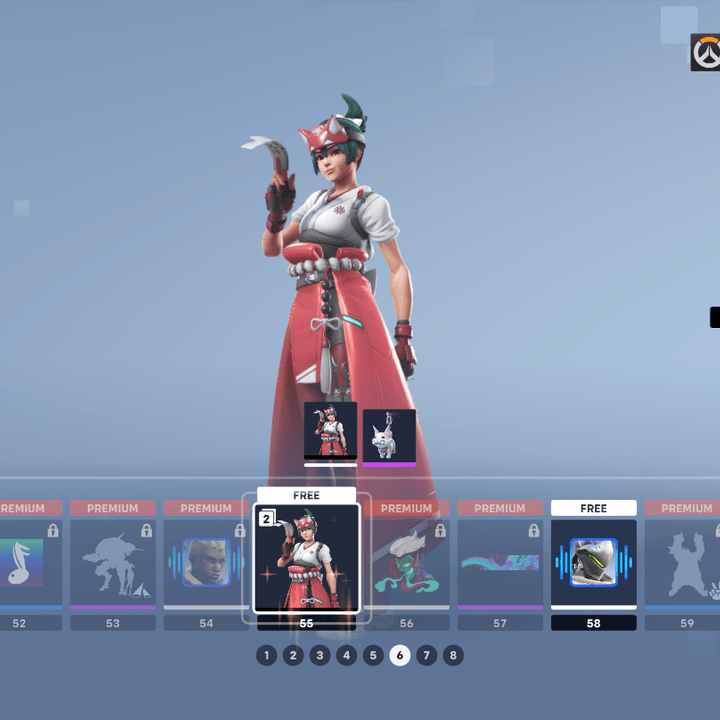 Overwatch 2's battle pass shows Kiriko at tier 55.