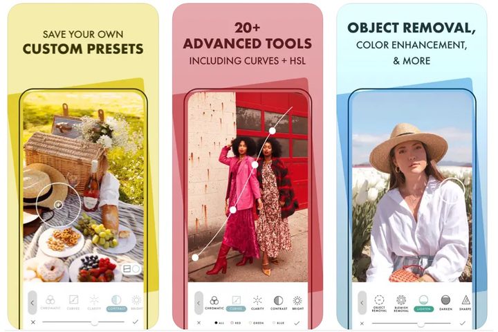 A Color Story screens with presets, advanced tools, and object removal panes.