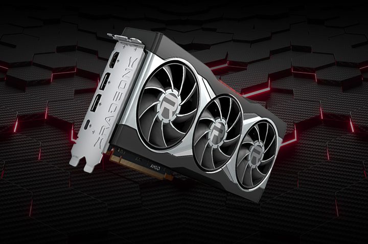 AMD Radeon RX 6900 graphics card hovers over an AMD red and black background.