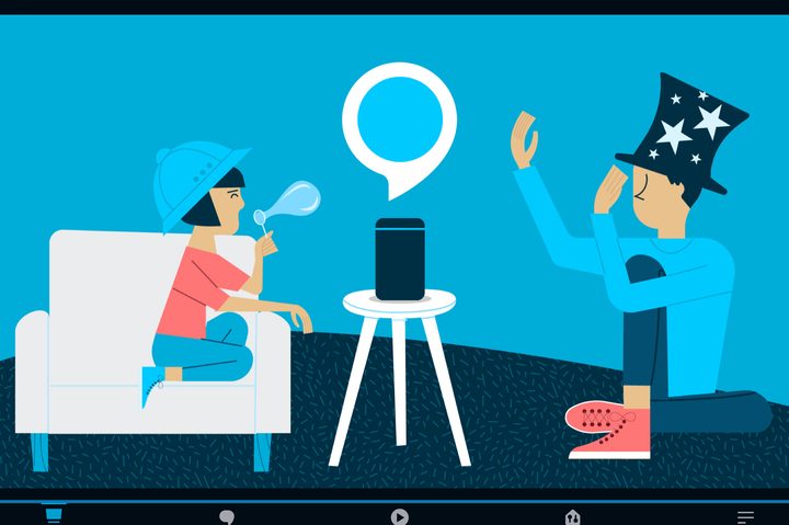Drawing of people playing with an Echo.