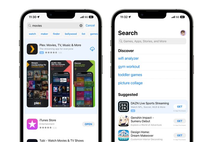 Two iPhones showing App Store Search Ads.