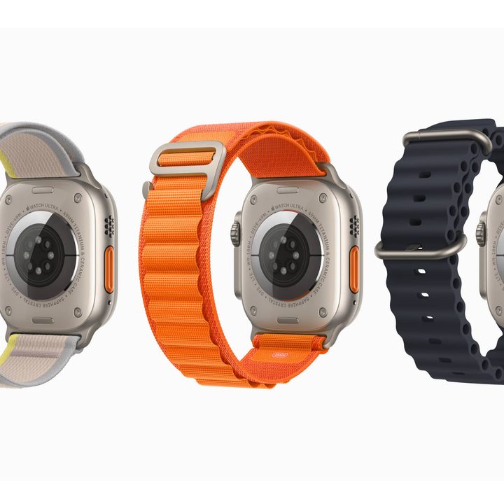 Three Apple Watch Ultra devices showing Alpine Loop, Trail Loop, and Ocean Bands.