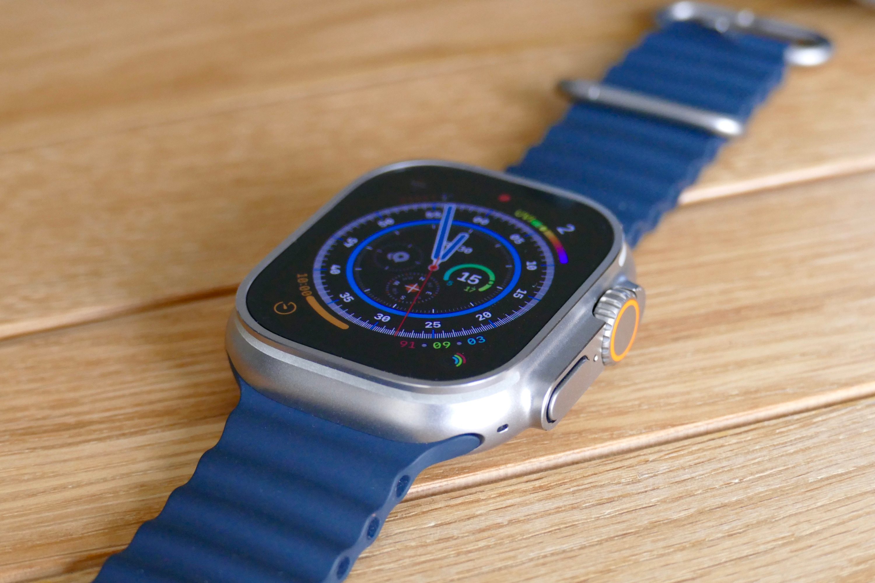 The Apple Watch Ultra's raised bezel and Digital Crown guard.
