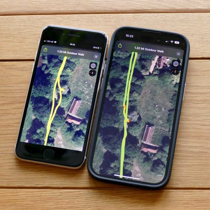 GPS map data from an Apple Watch Ultra and the Apple Watch Series 8 shown on an iPhone 14 Pro and iPhone SE 2022.