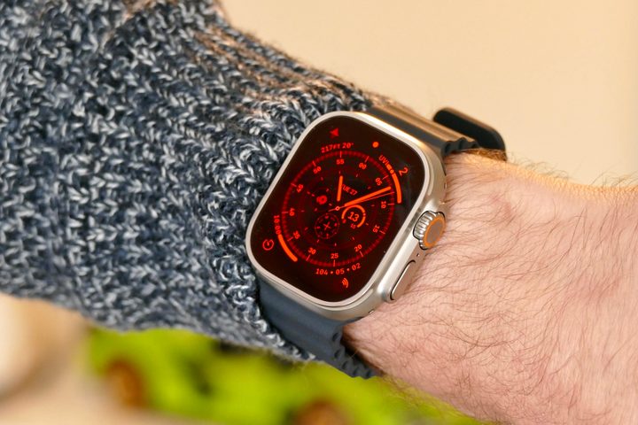 Night mode on the Apple Watch Ultra's Wayfinder watch face.