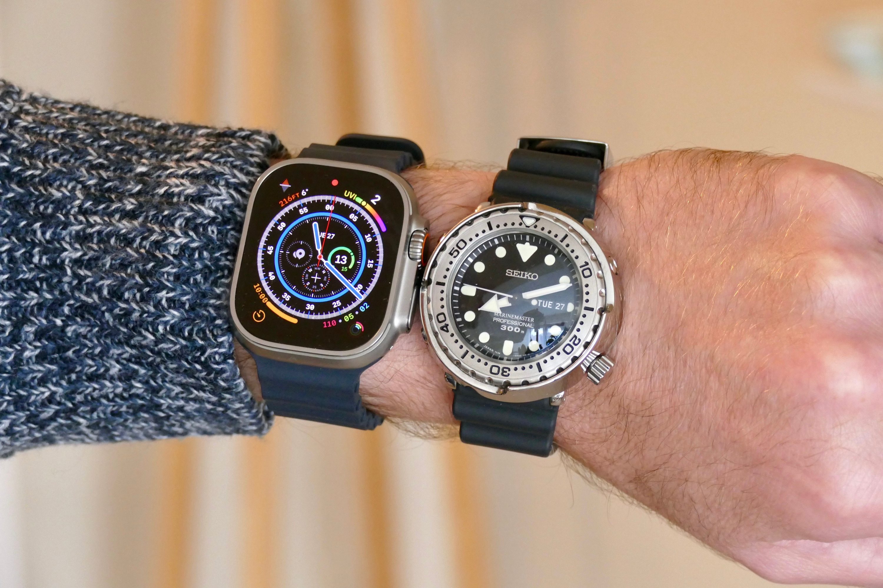 Apple Watch Ultra and Seiko Tuna Marinemaster watch.