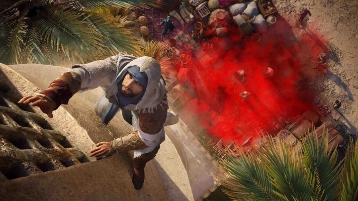 Basim climbing a building above red smoke.