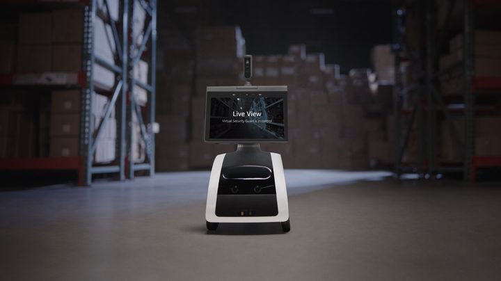 Astro patrolling a business with Ring Virtual Security Guard on its screen.