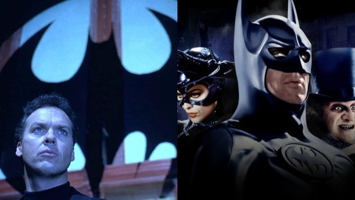 Split image of Keaton's Bruce Wayne and Batman with Catwoman and Penguin.