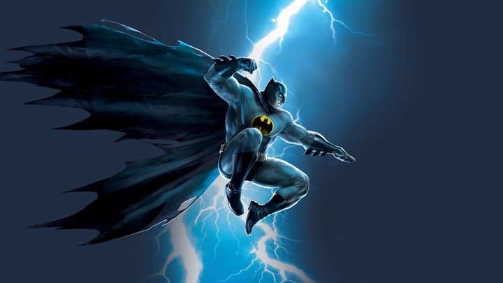 Batman leaping through the air with lightning lighting the background.