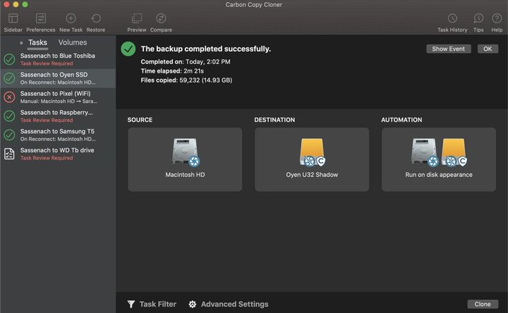 The Carbon Copy Cloner Mac app showing the successful completion of a disk backup.